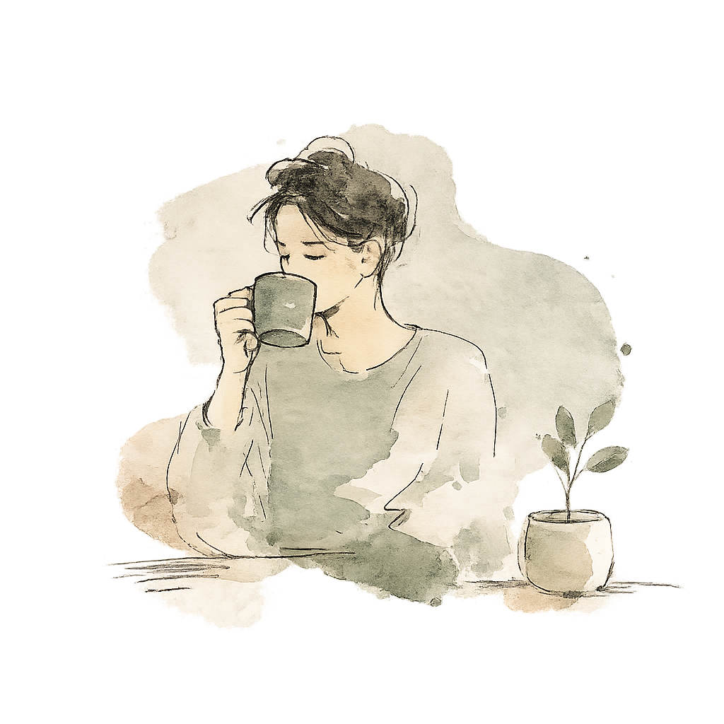 Ilustração em aquarela de uma pessoa tomando café em clima calmo e editorial.