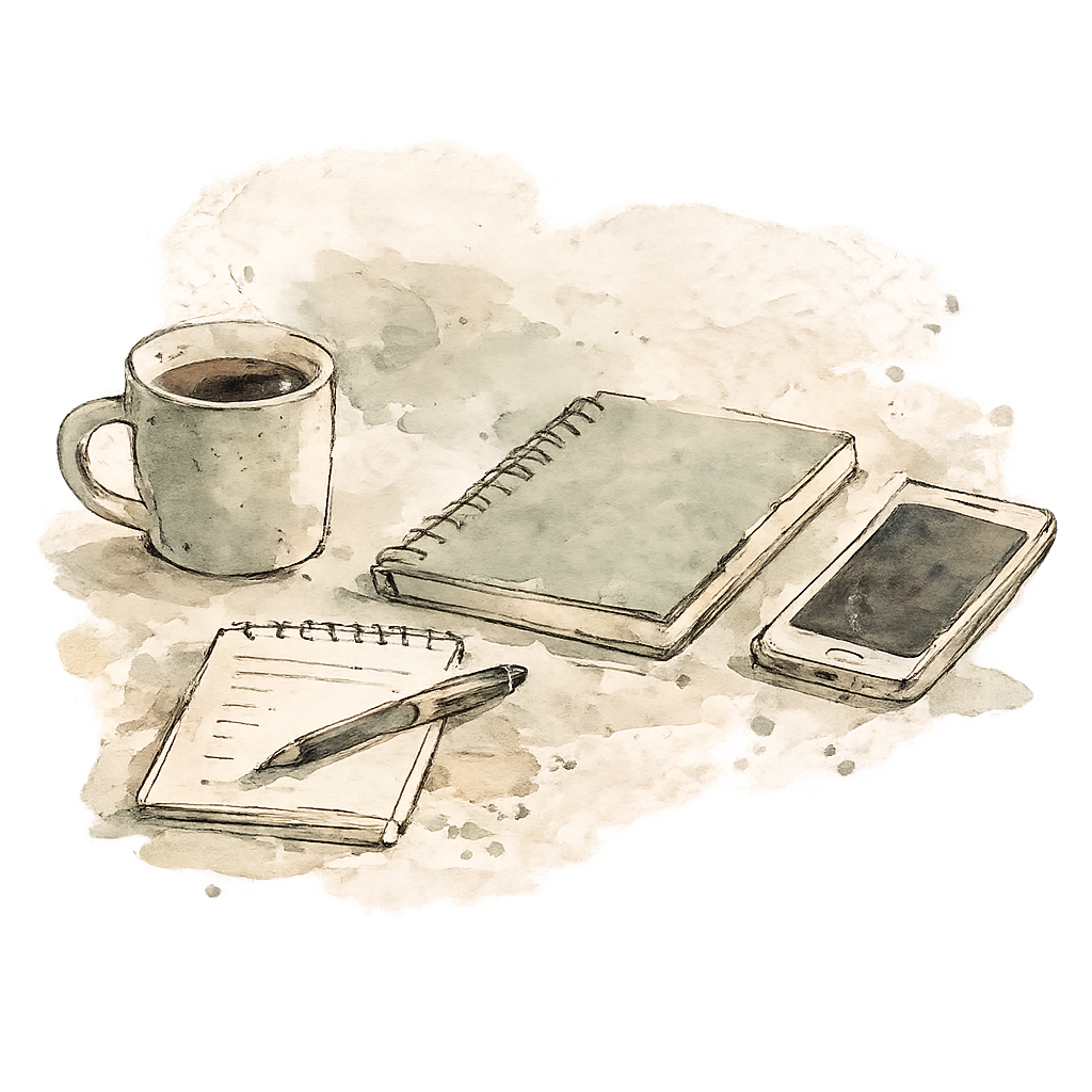 Ilustração em aquarela de café, caderno, bloco de notas, caneta e celular sobre uma mesa.